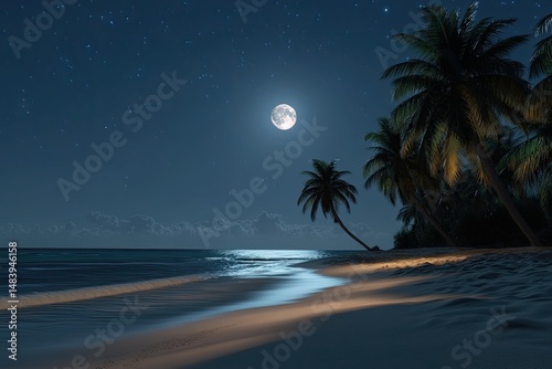 Fototapeta Naklejka Na Ścianę i Meble -  Serene moonlit beach scene with palm trees, starry night sky, and tranquil ocean