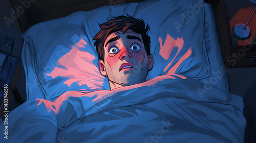 Man lying in bed with a worried expression illuminated by blue and pink light in a dark room