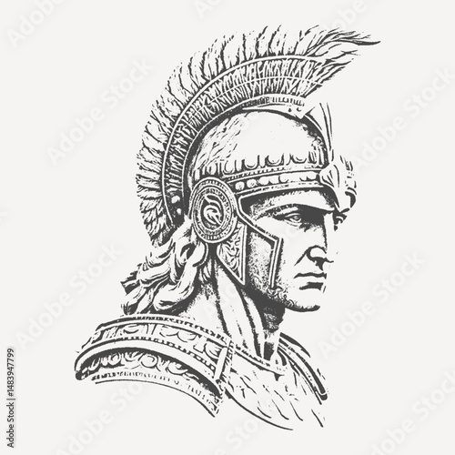 Detailed engraving of a Roman warrior wearing a feathered helmet and ornate armor. Classic historical art inspired by Greek and Roman military traditions.