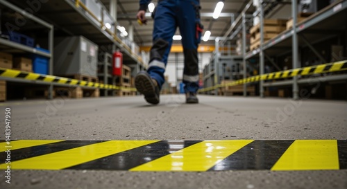 Factory inspector walking through a warehouse with safety markings on the floor, emphasizing risk assessment and safety measures