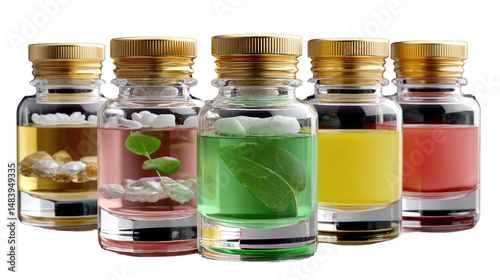 A Quintet of Colorful Potions: Five elegantly crafted glass vials, each filled with a unique blend of vibrant liquids and botanical elements, hinting at the secrets of natural science.