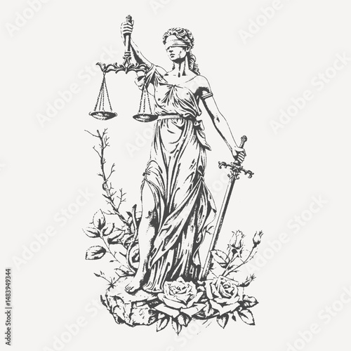 A detailed vintage-style illustration of Lady Justice, blindfolded, holding scales and a sword, surrounded by roses. Symbolizing fairness, law, and morality in an elegant, classical design.