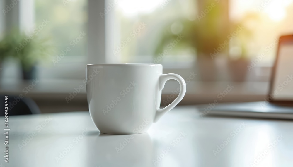 Fototapeta premium White coffee mug on workspace table, bright natural light. Empty cup for hot drink, office break. Work place, morning, cozy atmosphere with blurred background.