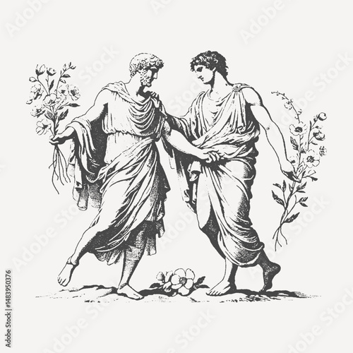 Vintage engraving of two ancient Greek men in flowing robes, holding flowers. Classic mythology and historical artwork style.