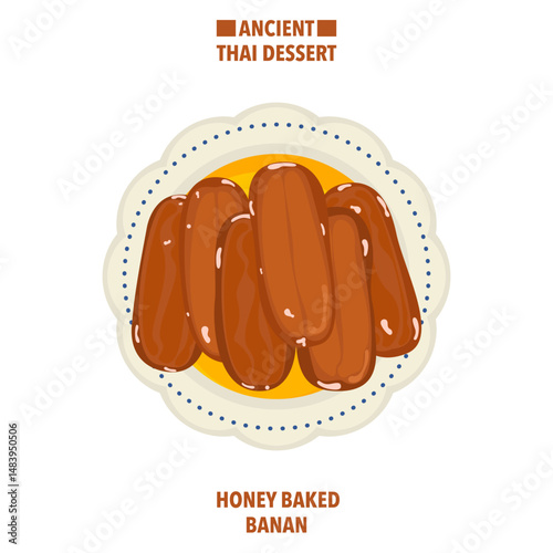 Vector illustration of Honey Baked Bananas, Traditional Thai Bananas Served on a Plate, Top View, Refreshing Summer Dessert, Food Preservation, Street Food, Asia, For Food and Culture Theme.