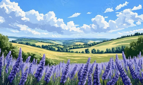 Summer fields, hills landscape, green grass, blue sky with clouds, flat style cartoon painting illustration. Generative AI