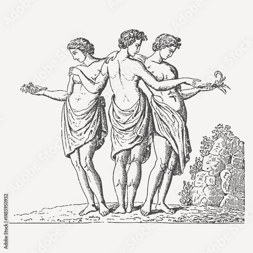 The Three Graces from Greek mythology depicted in a vintage engraving. A classic representation of beauty, harmony, and charm.