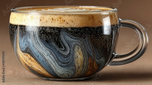 A glass mug filled with a swirling artistic coffee drink featuring layers of foam and rich col