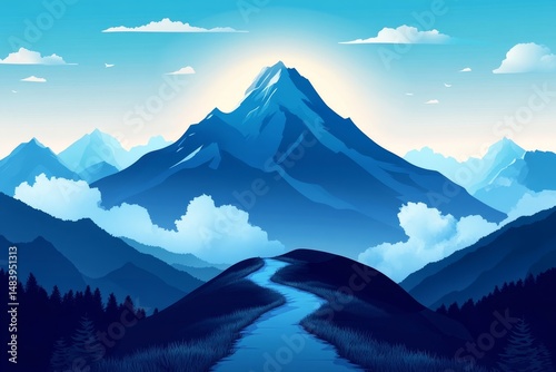 Mountain with a path to the top. Illustration of success achievement concept. Business journey. Generative AI