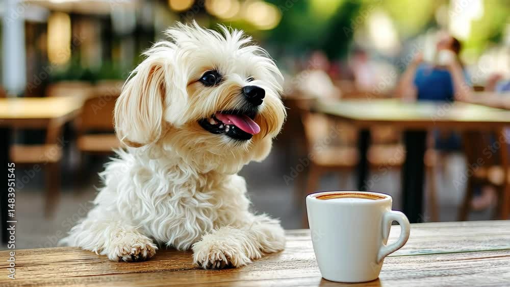 Caffeinated Canine Companion: An adorable Maltese dog, tongue playfully lolling, lounges contentedly beside a steaming cup of coffee, creating a charming tableau of relaxation and domestic bliss. 