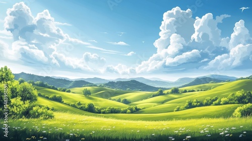 Summer fields, hills landscape, green grass, blue sky with clouds, flat style cartoon painting illustration. Generative AI