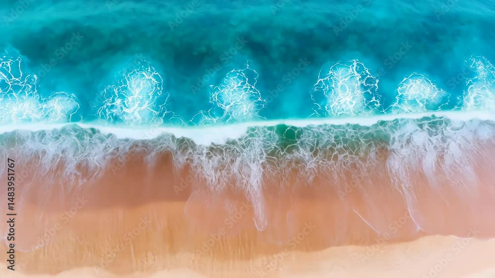 Azure Kiss: Captured from above, a vibrant photograph unveils the mesmerizing dance of the ocean's turquoise embrace kissing the soft, sandy shore, creating a soothing tableau of nature's beauty.