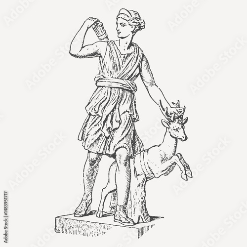 Vintage engraving of Artemis, Greek goddess of the hunt, standing with a deer. Ideal for classical mythology lovers and historical art collections.