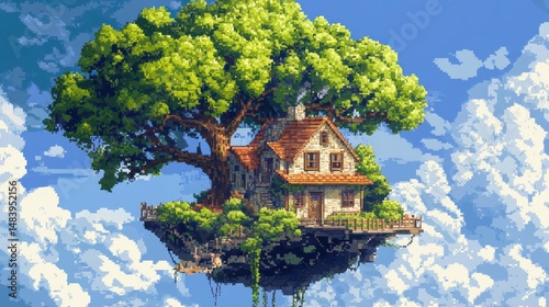 Pixelated aerial abode: A whimsical house nestled within a buoyant tree island