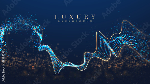 Blue background with glowing dot particles and golden neon lines decorated with bokeh, luxury style stage design concept. Vector illustration.