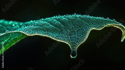 Delicate foliage with luminous veins and dew drops glistening on a dark backdrop photo