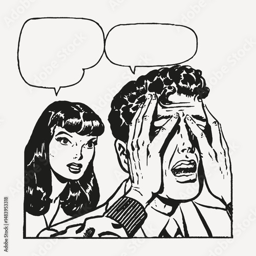 A bold, black-and-white comic-style illustration of a distressed man covering his face while a woman speaks, with empty speech bubbles for customization.