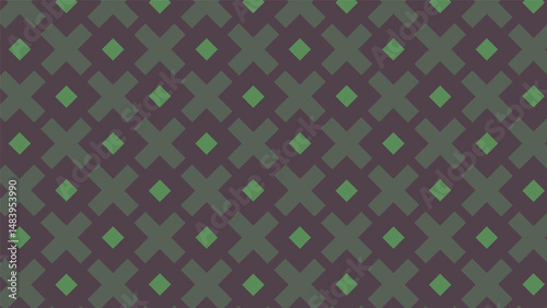 A seamless geometric pattern of dark purple crosses and green diamonds, creating a soothing, modern aesthetic with a balanced symmetry.