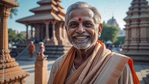 Ultra-realistic full-body portrait of indian old senior men, smiling warmly in front of a temple.