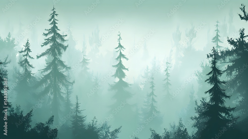 Obraz premium Misty Green Forest Landscape with Tall Pine Trees