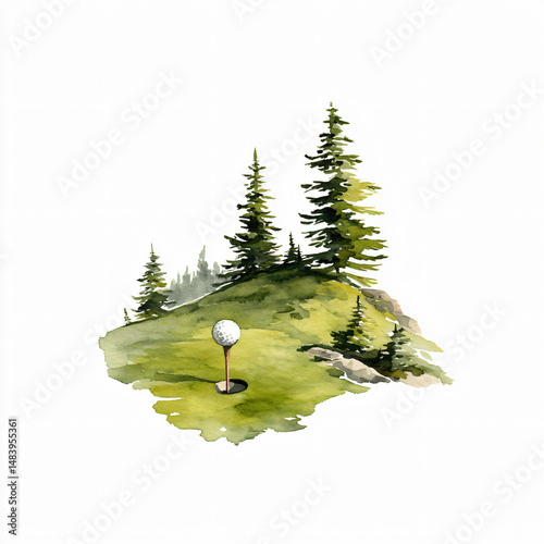 Golf Ball Tee Green Landscape Watercolor Pine Trees Sport Play Grass Hill Course Outdoor Park Recreation Swing Fun Sunny Kids Competition Field Leisure Summer Exercise Country Practice Flag Zone