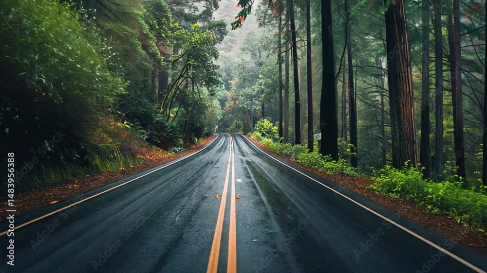 Winding Road Through Lush Forest Serene Journey Amidst Tall Trees and Mist, Where Wet Pavement Reflects Natures Vibrant Colors and Tranquility. Winding Road Through Lush Forest Serene Journey Amidst Tall Trees and Mist, Where Wet Pavement Reflects Natures Vibrant Colors and Tranquility.