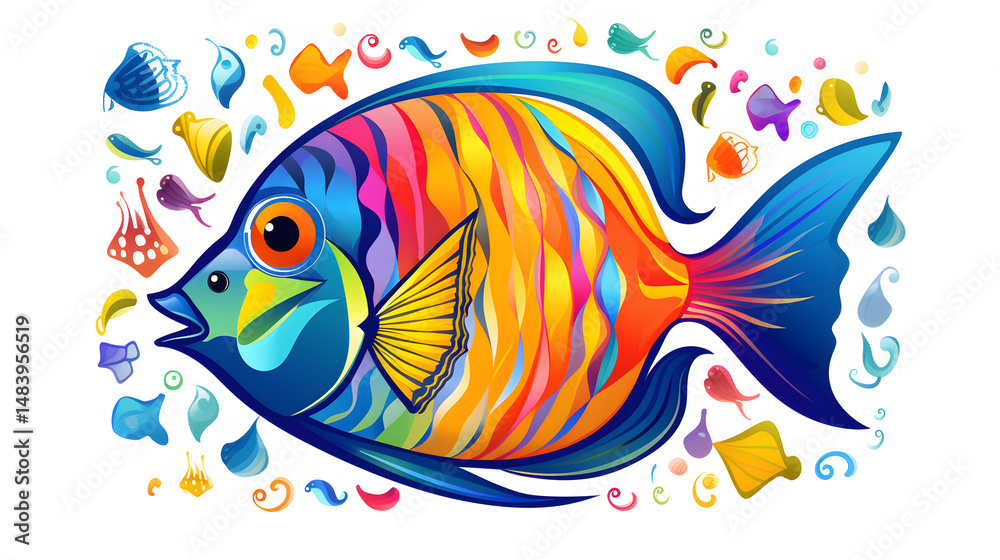 Naklejka premium Detailed degraded outline design of tropical fish animal and heart on a textured background