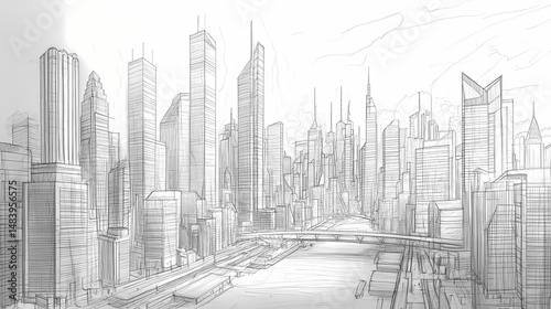 Architectural sketch of a modern cityscape with high-rise buildings. [Ocular City] | Infra Sight | deep scan. Illustration