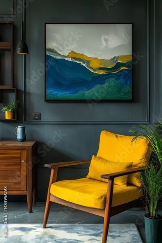 Interior of modern living room with yellow armchair, wooden commode and painting on wall.