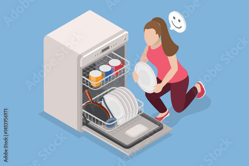 3D Isometric Flat Vector Illustration of Dishwasher, Kitchen Dish Cleaning Machine