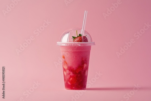 Refreshing strawberry smoothie in a plastic cup with a dome lid and straw, garnished with a strawberry