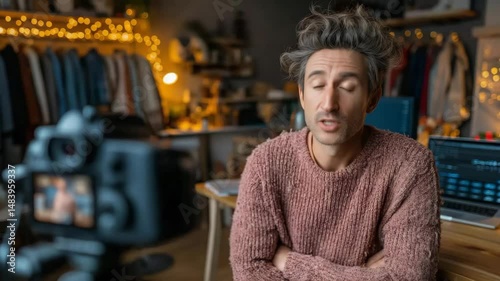 Caucasian male content creator filming vlog in cozy studio for social media courses, YouTube tutorials, influencer branding, and creative entrepreneurship – warm bokeh lights with home studio decor