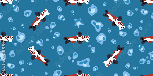 Seamless Koi Fish Pattern. Cute koi fish and bubbles seamless pattern on blue background, flat cartoon style aquatic design for kids and decor.
