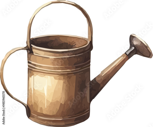 Vector watercollor painted illustration of a vintage watering can