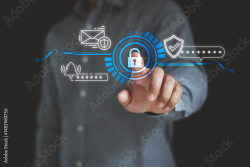 Businessman pressing the virtual button MFA, multi-factor authentication, protect data account on internet data security concept, cyber security in two-step verification. mfa, 2fa.