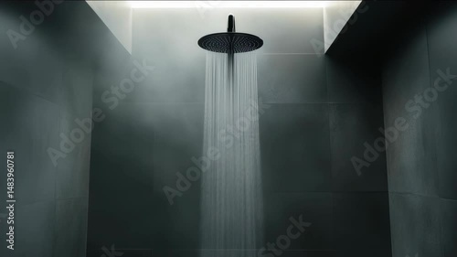 A shower head is spraying water and steam. The steam is thick and white