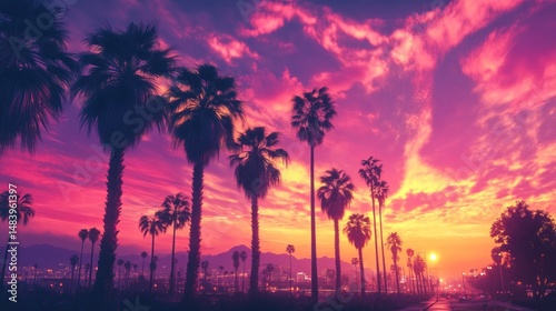 Wallpaper Mural Vibrant sunset illuminating silhouetted palm trees and an expansive urban landscape Torontodigital.ca