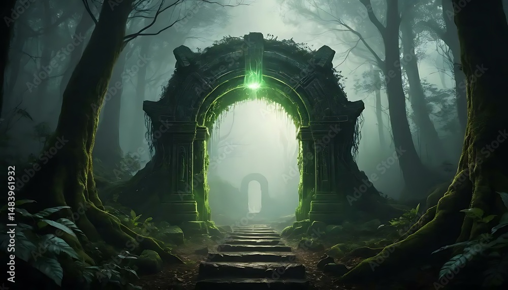 Obraz premium A mystical stone archway in a foggy forest leads to a luminous doorway creating a dreamy scene.