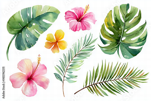 Fototapeta Naklejka Na Ścianę i Meble -  Watercolor Tropical Botanical Collection with Hand Painted Exotic Leaves Pink Hibiscus and Floral Elements on White Background for Summer Design and Decoration