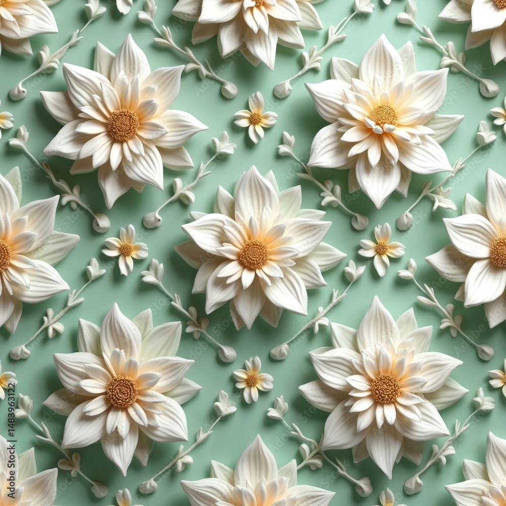 Obraz premium Elegant floral pattern featuring white cream flowers on soft green background. Creating serene harmonious atmosphere. Perfect for various design applications like wallpaper or fabric print.