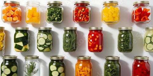 Top view of multiple jars filled with vibrant pickled vegetables, organized in rows with strong lighting and shadows, ideal for themes of nutrition, preparation, and sustainability

 photo