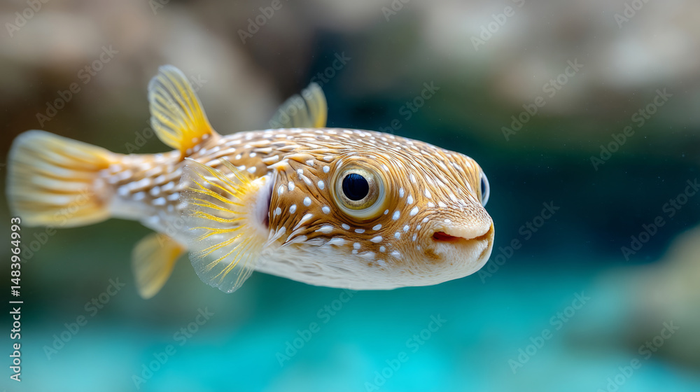Obraz premium Pufferfish gently inflating and deflating underwater in tranquil ocean scene