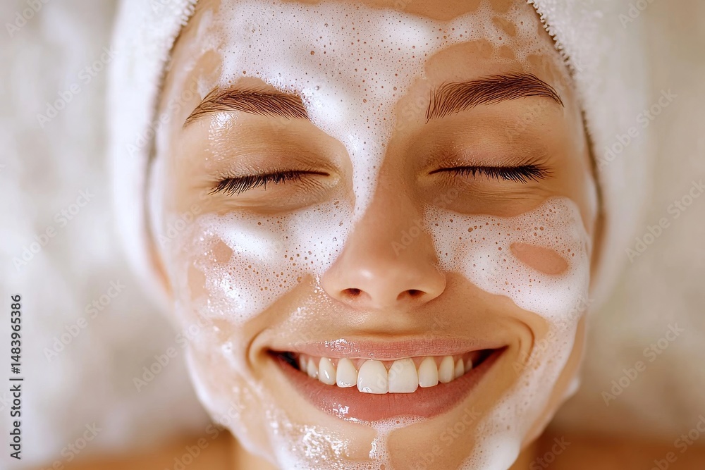 Fototapeta premium Smiling woman with closed eyes and facial cleanser foam on her face and a towel wrapped on her head