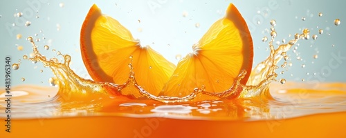 Dynamic image of orange juice splash. Orange slices with water drops, wave. Fresh citrous juice, liquid, ripe fruit. Healthy food drink. Summer refreshment theme.