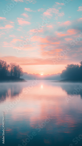 Calm river at dawn reflecting soft pastel sunrise colors with trees in mist