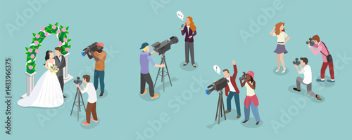 3D Isometric Flat Vector Illustration of Photo And Video Shooting, Paparazzi, Journalism Events