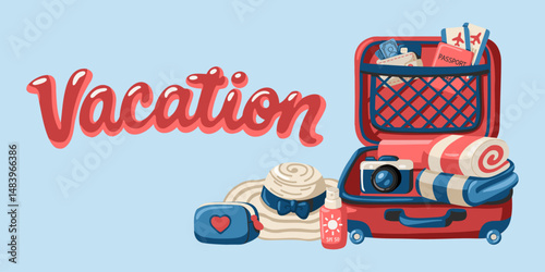 Vacation travel items with suitcase, passport, hat, camera and summer accessories. Cartoon vector illustration on blue background.