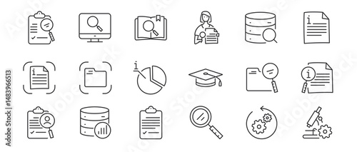 Studying information and facts icon set. Collection of case study, searching business information, analyze of product features vector flat outline icons. Editable stroke