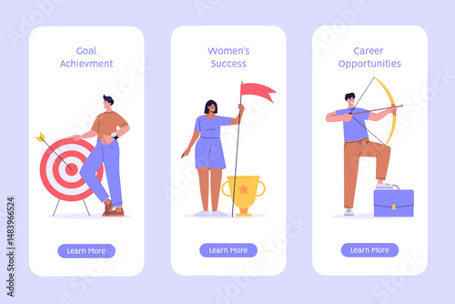 Best employee with winner cup. Set of career success, target, achieving goals. Reward program and receiving rewards. People earn reward loyalty, bonus, business award. Vector flat design