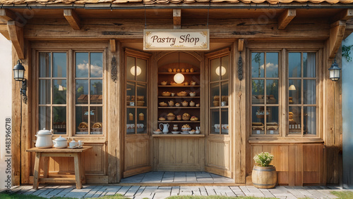 Wooden storefront of a vintage bakery with pastries and decorative exterior